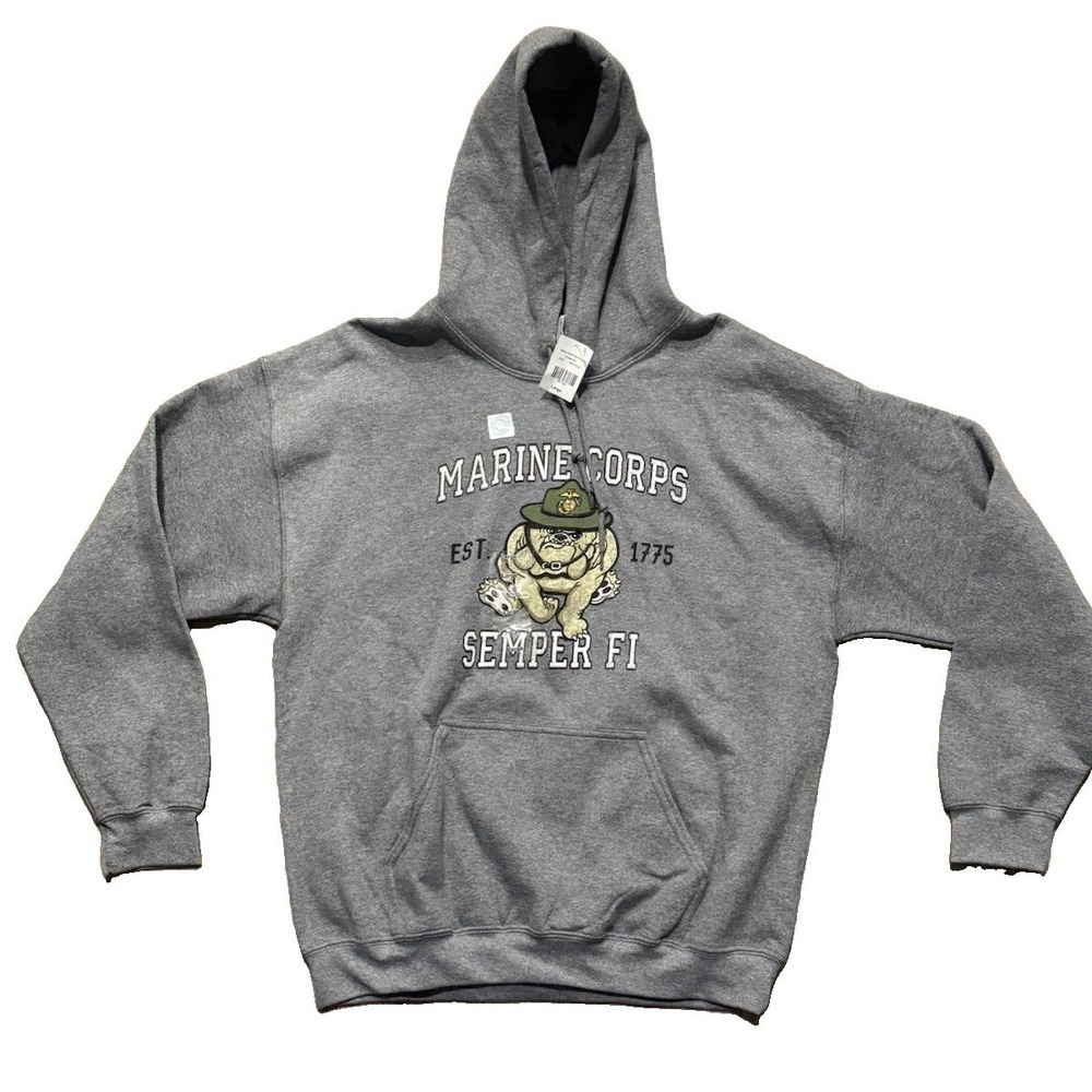 US Marines Hoodie Mens L Gray SEMPER FI Bulldog Graphic Kangaroo Pocket NWT